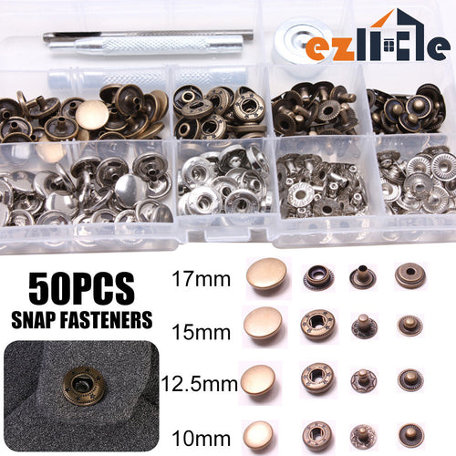 50 sets Studs Kit Buttons Tool Heavy Duty 10/12.5/15/17mm Snap Fasteners Press