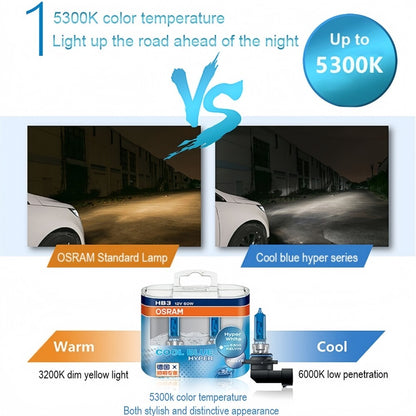 2 x Osram 12V HB3 60W Halogen Cool Blue Hyper White Globes 5300K Original 9005 – Compatible with Osram