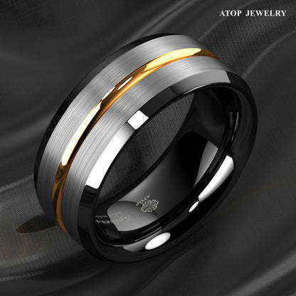 8Mm Silver Brushed Black edge Tungsten Ring Gold Stripe ATOP men wedding band