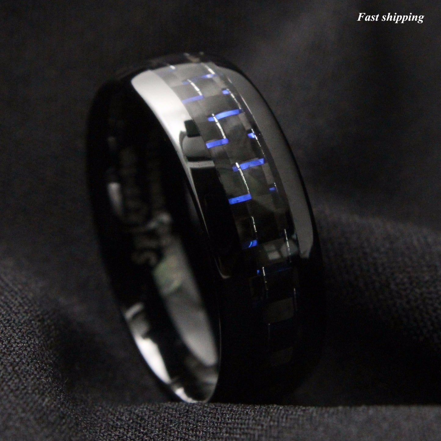 8mm Black and Blue Tungsten Ring with Carbon Fiber Wedding Band Men's jewelry