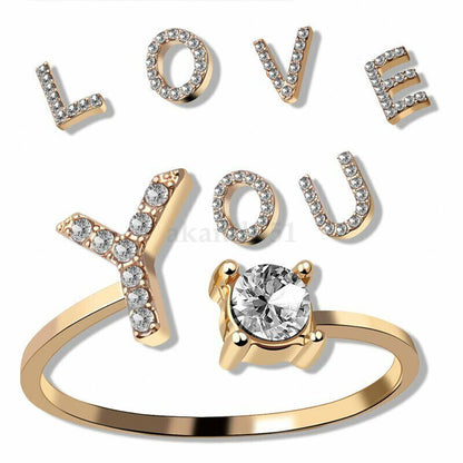 Adjustable Open Initial A-Z Letters Ring Fashion Zircon Ring Womens Jewelry Gift