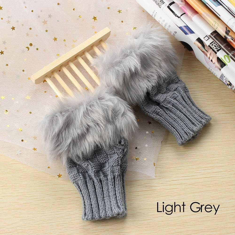 Winter Knitted Faux Fur Fingerless Gloves Women Wrist Hand Soft Warm Mittens
