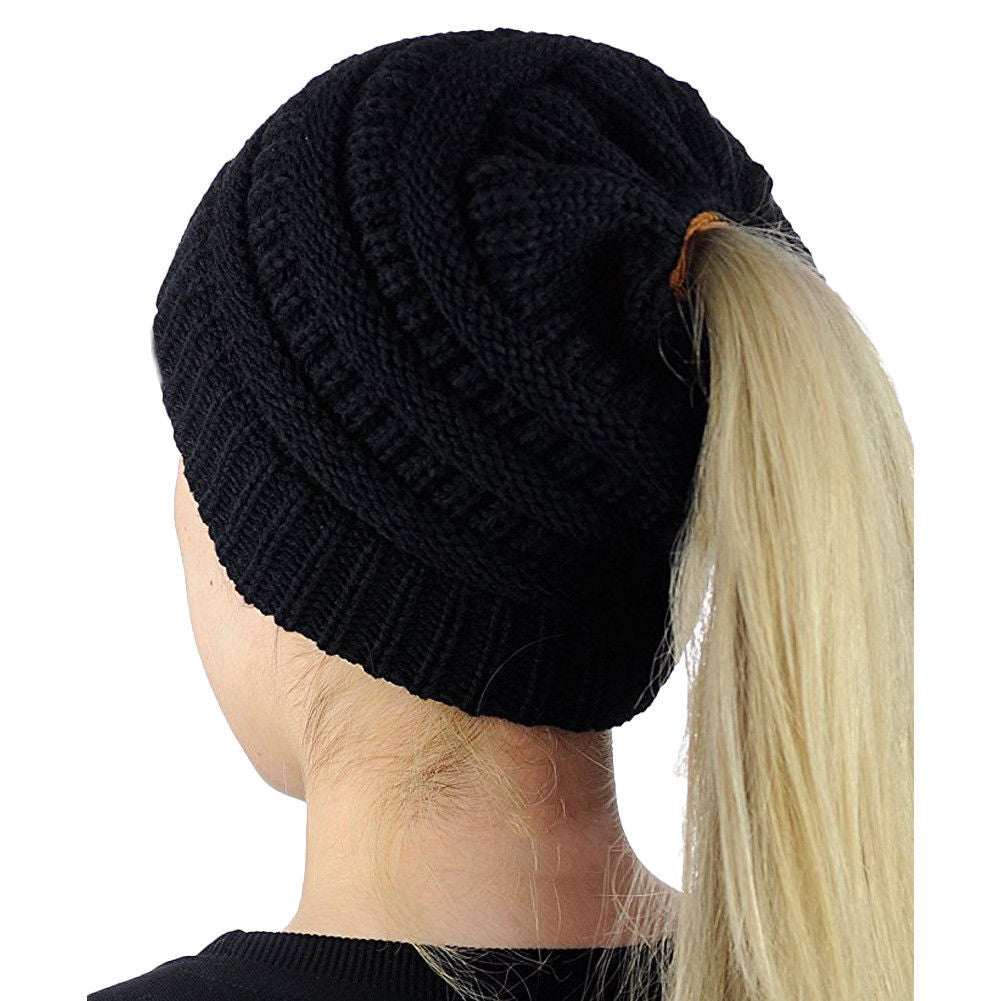 Ponytail Beanie Women's Ribbed Winter Messy Bun Cable Warm Soft Knit Hat Cap