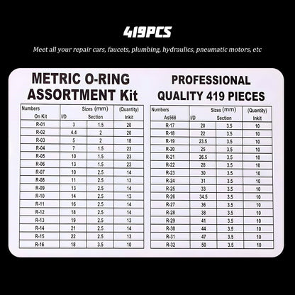 419pcs O Ring Kit Rubber Seals 32 Sizes O Rings Gaskets Sealing for Plumbing Car