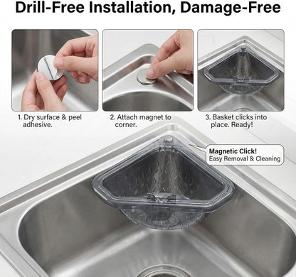 Triangular Magnetic Corner For Sink Strainer Basket Touchless Kitchen Drain
