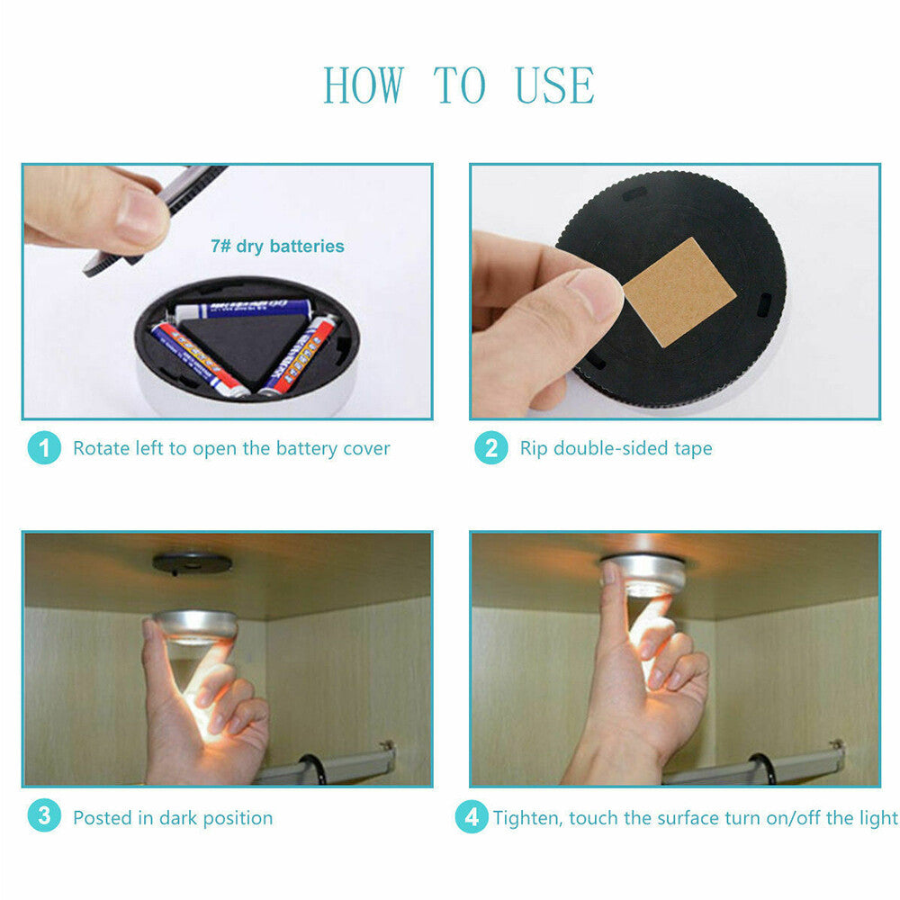 4 LED Touch Push Button lamp Light Self-Stick Long Battery Life Down Spot Light