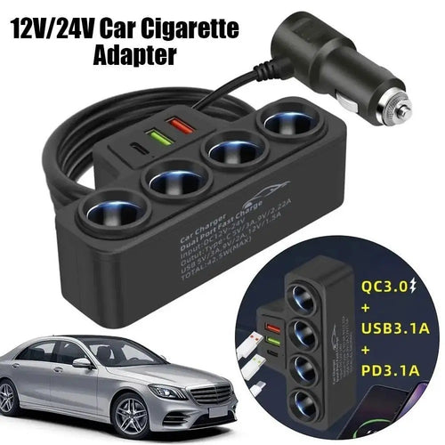 4Way 12-24V Car Cigarette Charger Lighter Socket Splitter Power USB Adapter Port
