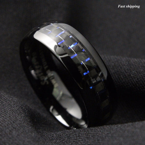 8mm Black and Blue Tungsten Ring with Carbon Fiber Wedding Band Men's jewelry