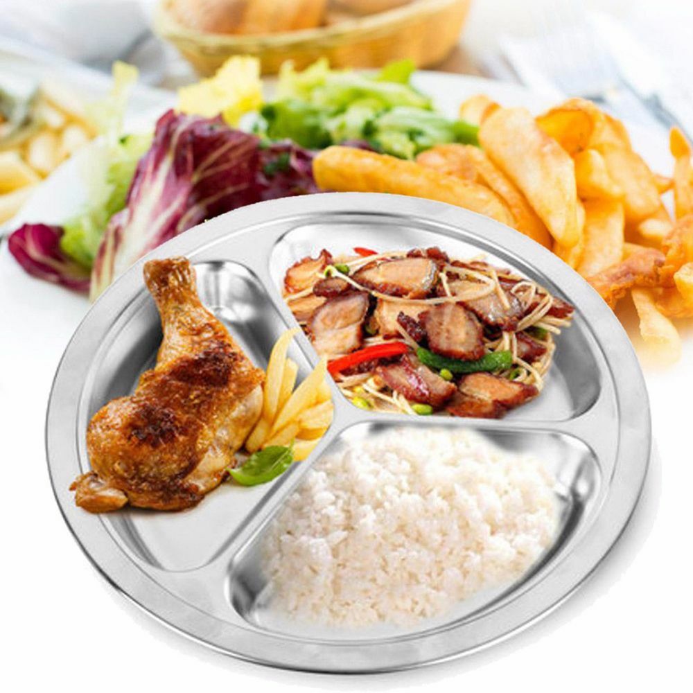 Stainless Steel 3Sections Round Divided Dish Snack Dinner Plate For Kid AU
