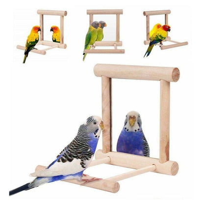 Bird Wood Perch Stand With Mirror Swing Parrot Pet Budgie Cage Hanging Toy AU