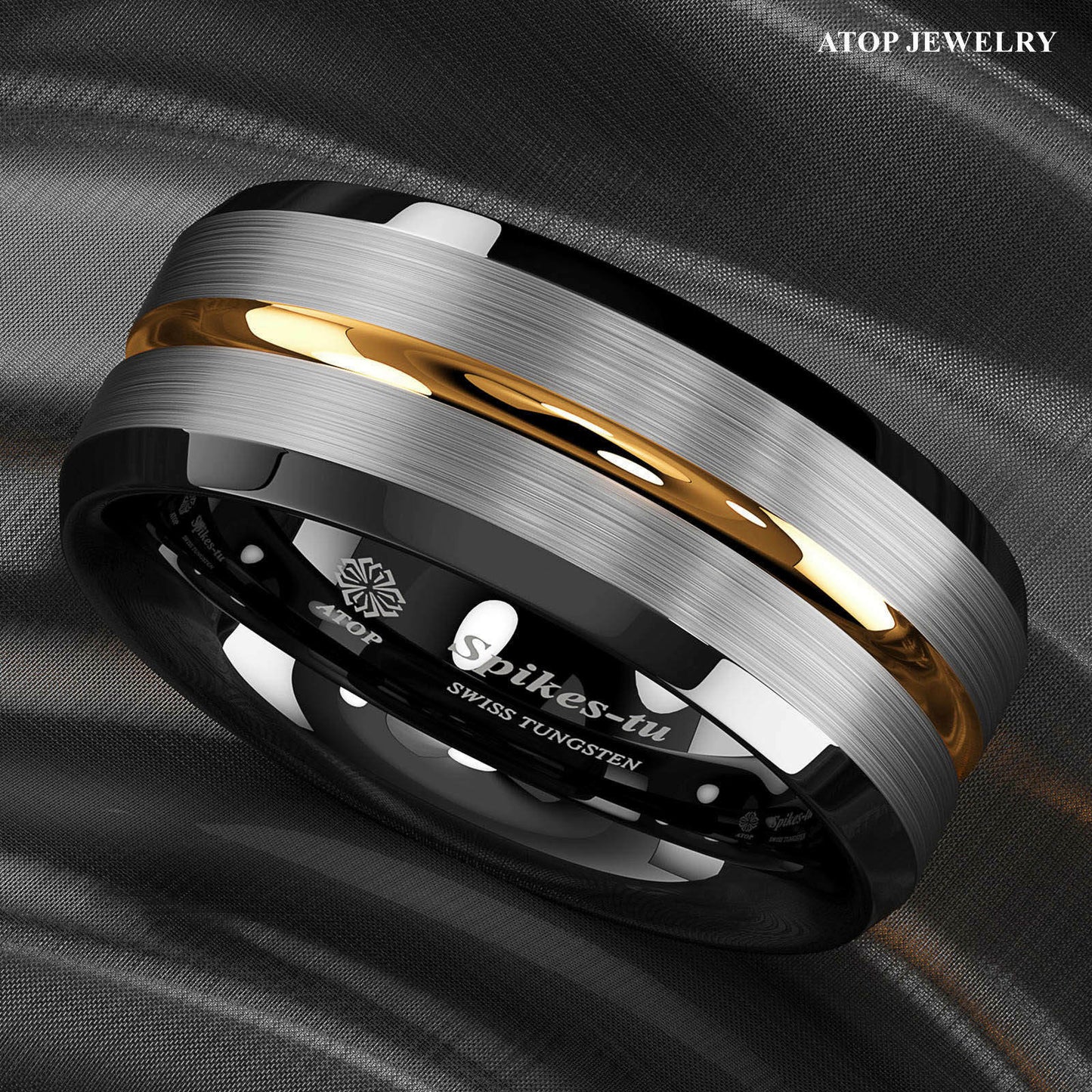 8Mm Silver Brushed Black edge Tungsten Ring Gold Stripe ATOP men wedding band