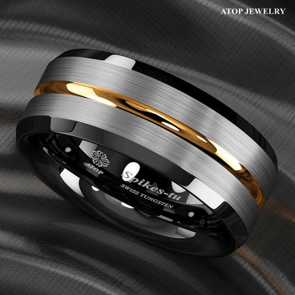 8Mm Silver Brushed Black edge Tungsten Ring Gold Stripe ATOP men wedding band
