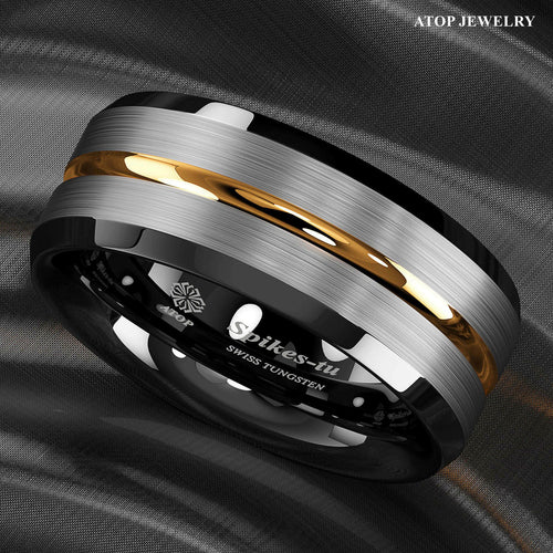 8Mm Silver Brushed Black edge Tungsten Ring Gold Stripe ATOP men wedding band