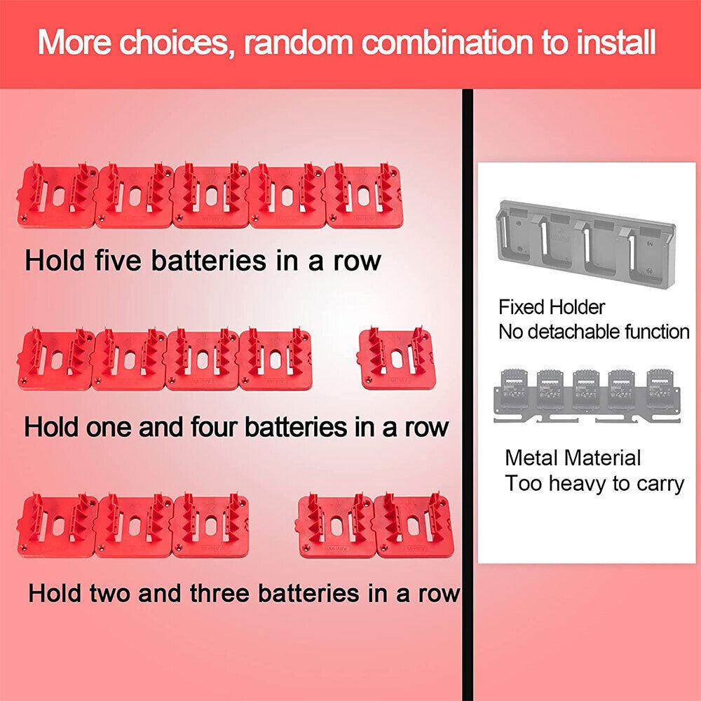 5/10x Battery Mounts Storage Holder Rack Compatible with Milwaukee M18 18V Tool Battery Red