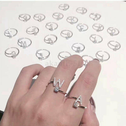 Adjustable Open Initial A-Z Letters Ring Fashion Zircon Ring Womens Jewelry Gift