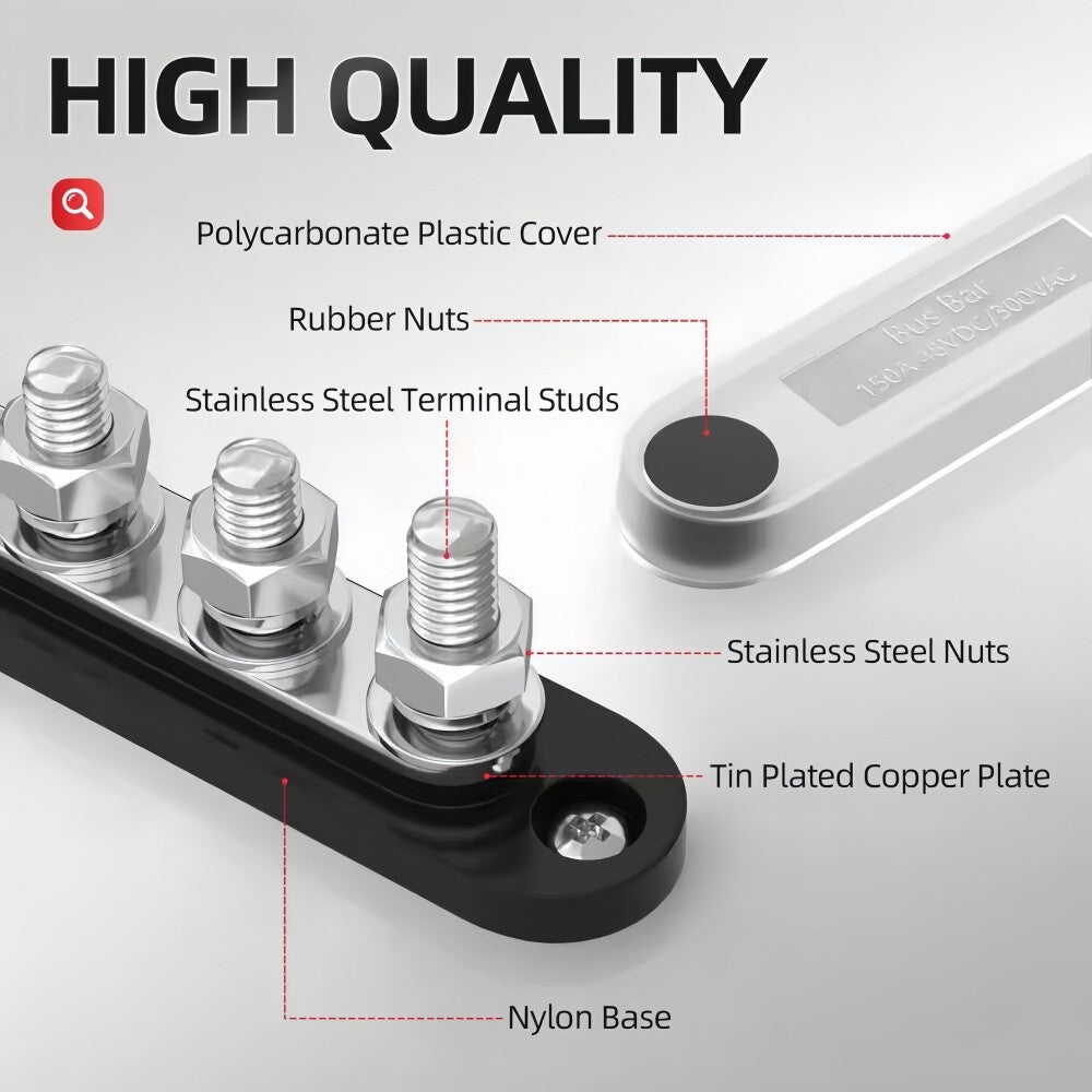 M8 Bus Bar 12V-48V 150A Power Distribution Block 4xM8 Posts Stud Terminal Block
