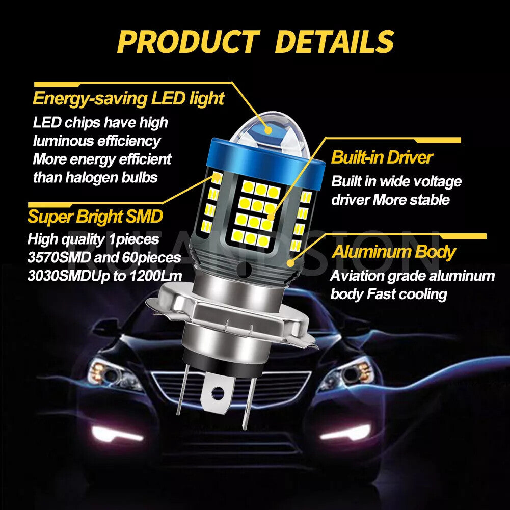 H4 LED Headlight Bulb Lamp Car Fog Globe Hi/Lo Beam White/White+Yellow DC 12-80V