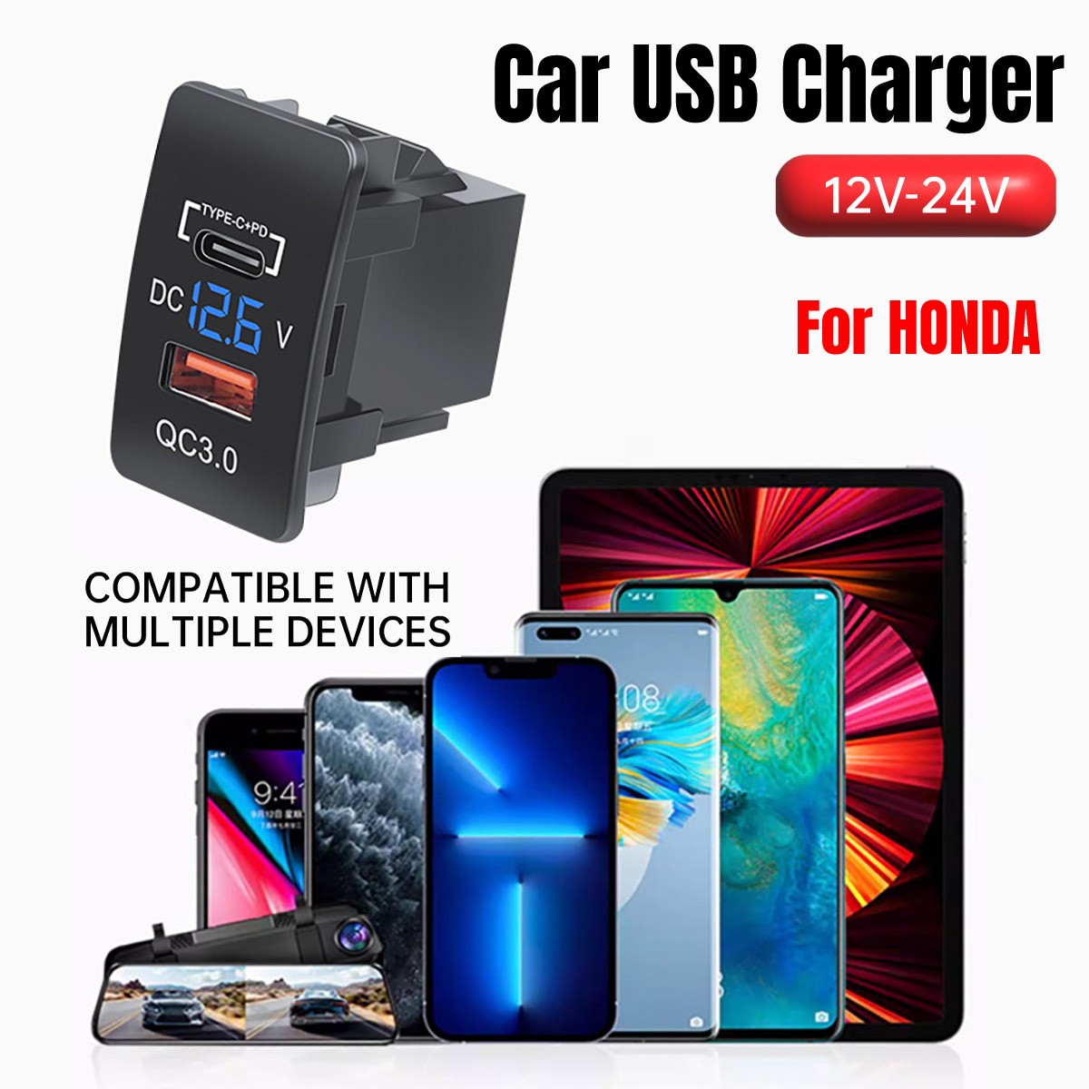 Car USB Charger Socket Adapter 12V 24V Dual Port Power Outlet Compatible with Honda Vehicle