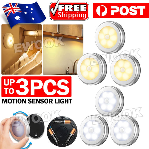 1-3xLED Motion Sensor Night Light Indoor Outdoor Battery Operated Stairs Hallway