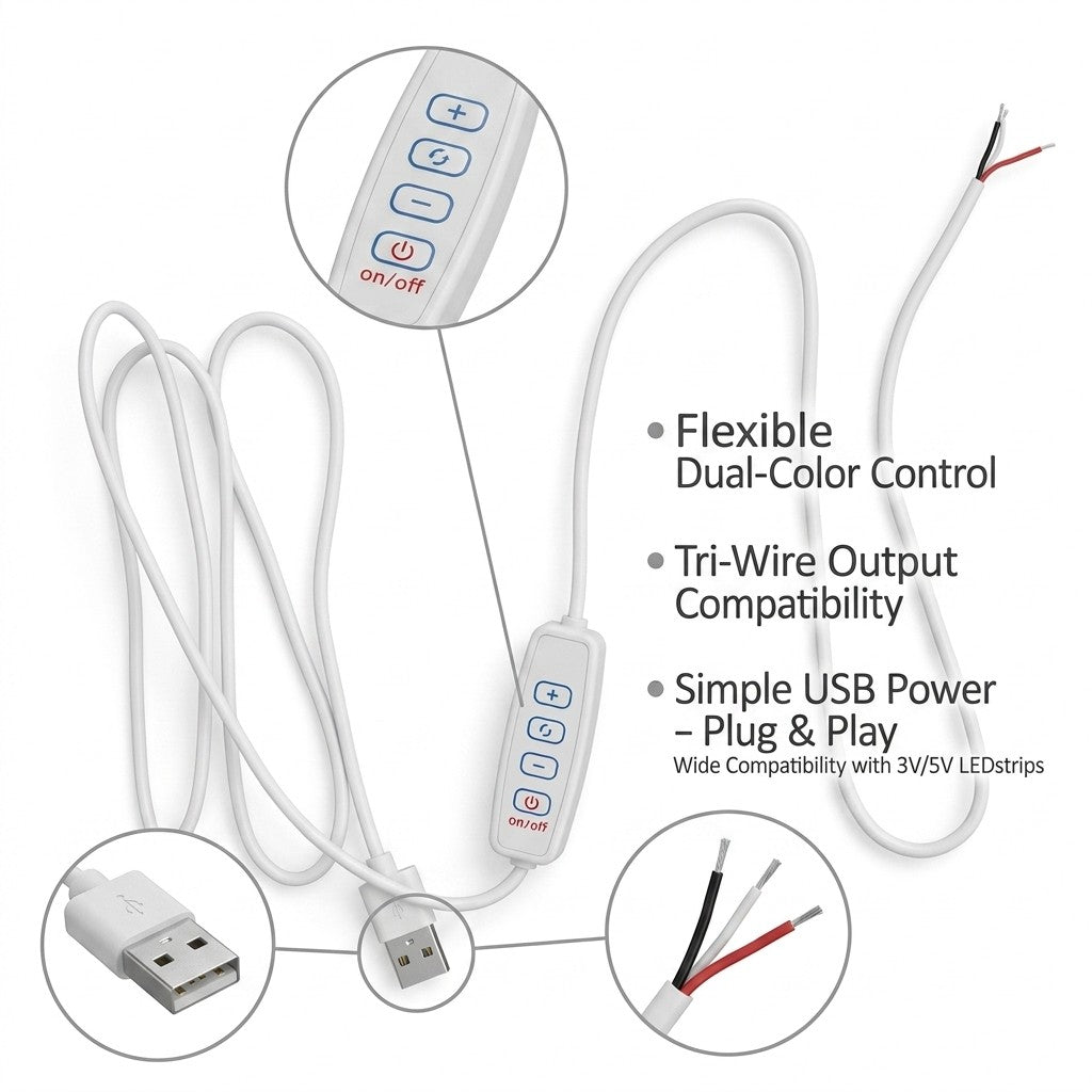 USB LED Dimmer Controller 5V DC Dual Tri Color Switch Cable for DIY Strip Light