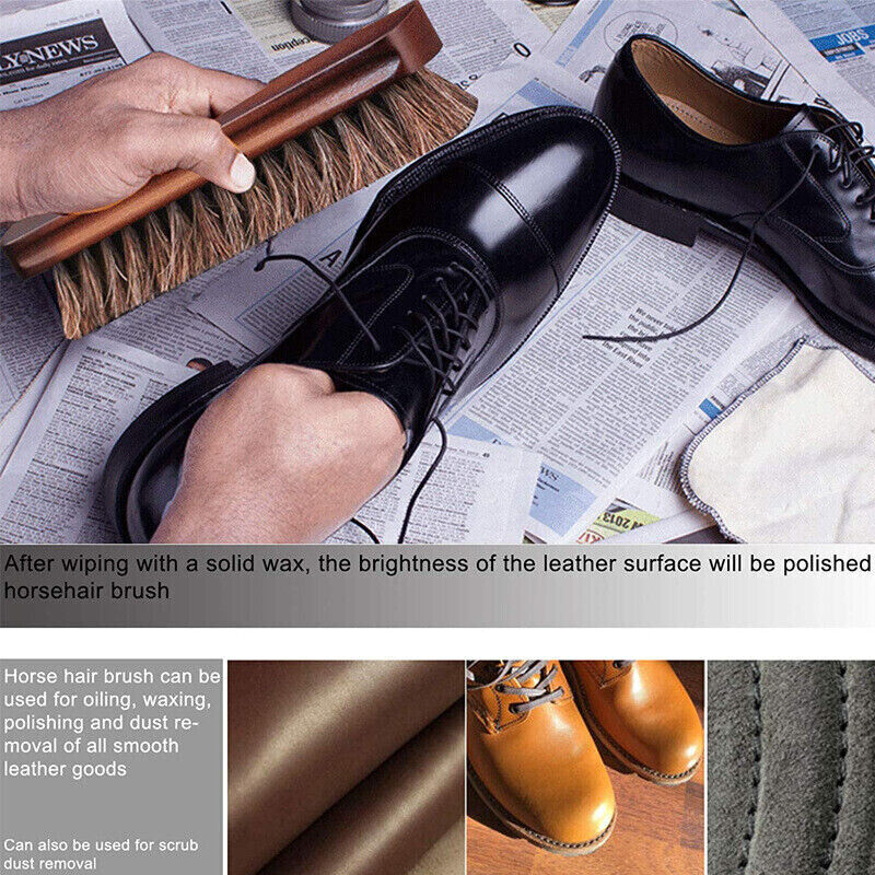 Shoe Polish Brush Set 2Pcs Horsehair Wood Handle For Leather Boots Cleaning Care