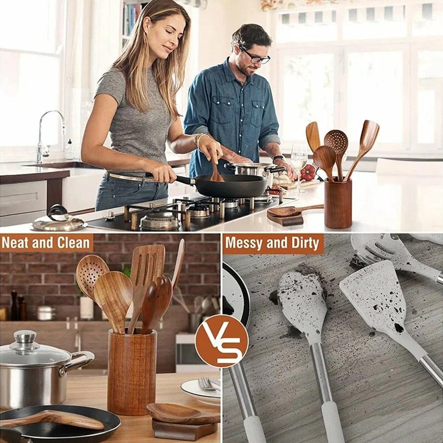Natural Wooden Kitchen Utensil with Spoon Rest Holder 5-9pcs Cooking Spoon Set