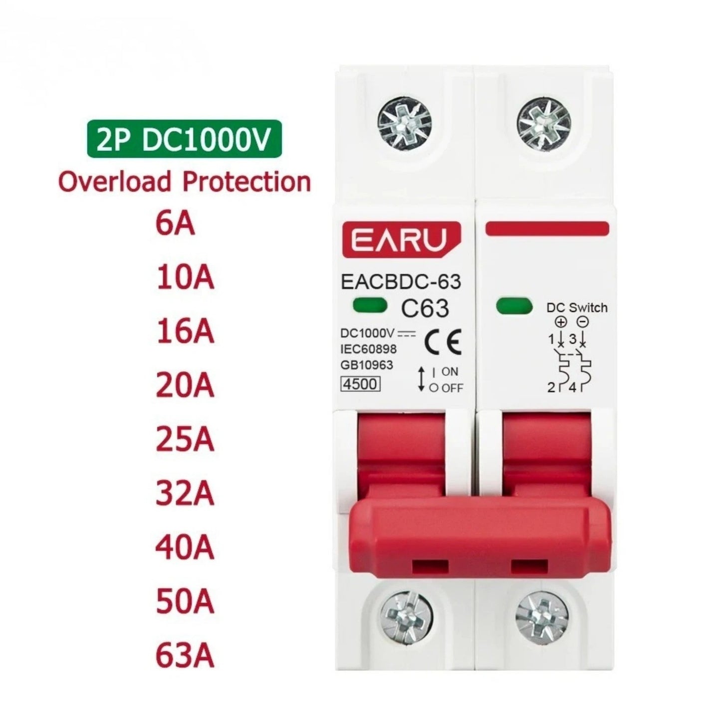 DC Circuit Breaker Solar 220-380V 2Pole Double MCB Mini 10/16/20/25/40/50/63 Amp