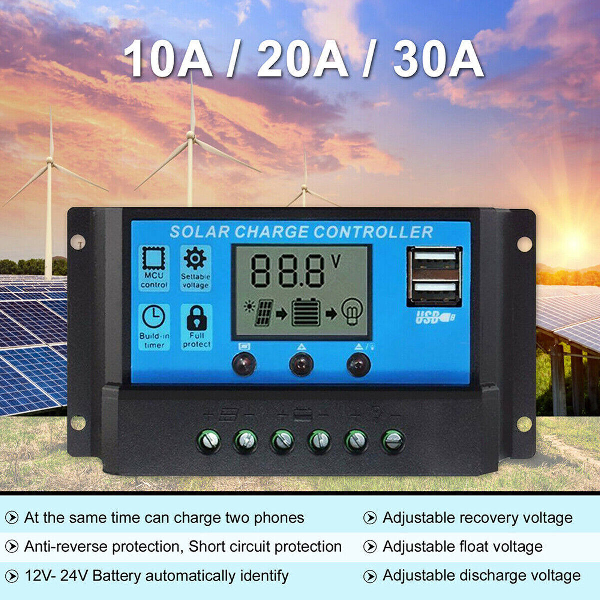 20A Solar Charge Controller 12/24V Battery Regulator with 2 USB Port LCD Display