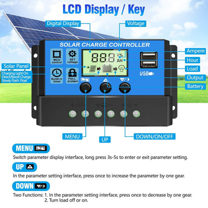 20A Solar Charge Controller 12/24V Battery Regulator with 2 USB Port LCD Display