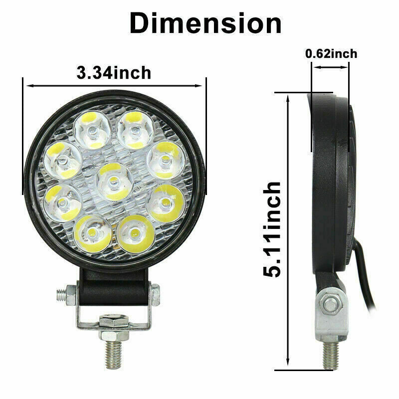 12v-24v Round 85mm 27W LED WORKLIGHT COOL WHITE 6000K FLOOD BEAM W/LIGHT