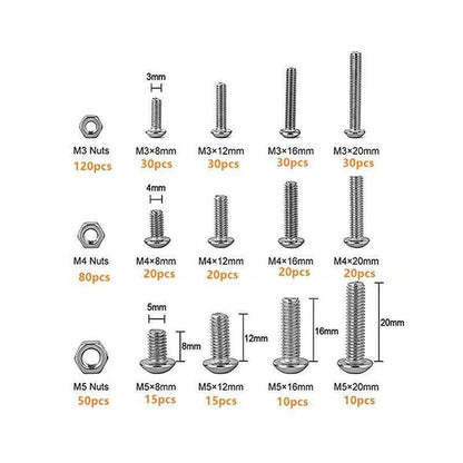 500PCS M3 M4 M5 Stainless Steel Hex Button Head Screw Bolt Nut Set Kit Bolt Kits