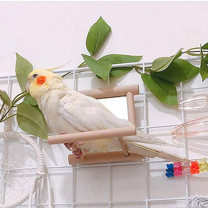 Bird Wood Perch Stand With Mirror Swing Parrot Pet Budgie Cage Hanging Toy AU