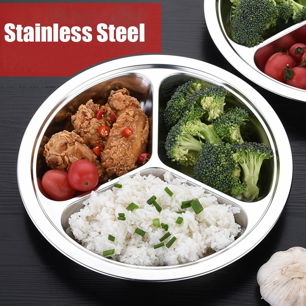 Stainless Steel 3Sections Round Divided Dish Snack Dinner Plate For Kid AU
