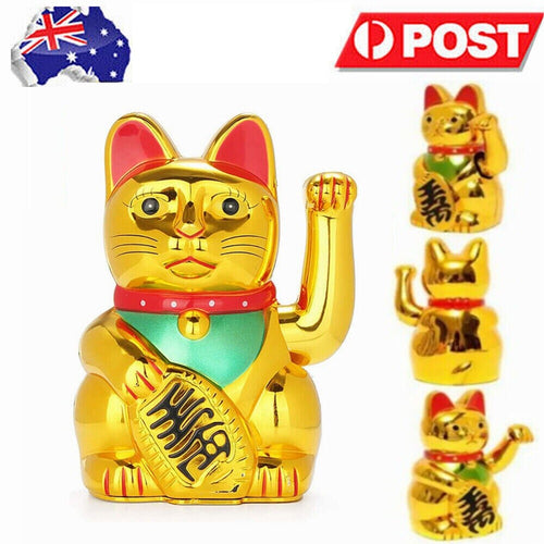Chinese Lucky Fortune Money Waving Gold Maneki-Neko Cat Figure Feng Shui Decor