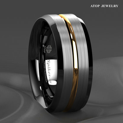 8Mm Silver Brushed Black edge Tungsten Ring Gold Stripe ATOP men wedding band