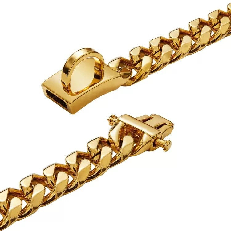 Luxury 316 Stainless Steel Gold Chain Dog Collar Cuban Link Pet Necklace 10"-26"