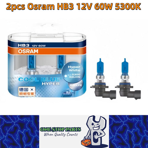 2 x Osram 12V HB3 60W Halogen Cool Blue Hyper White Globes 5300K Original 9005 – Compatible with Osram