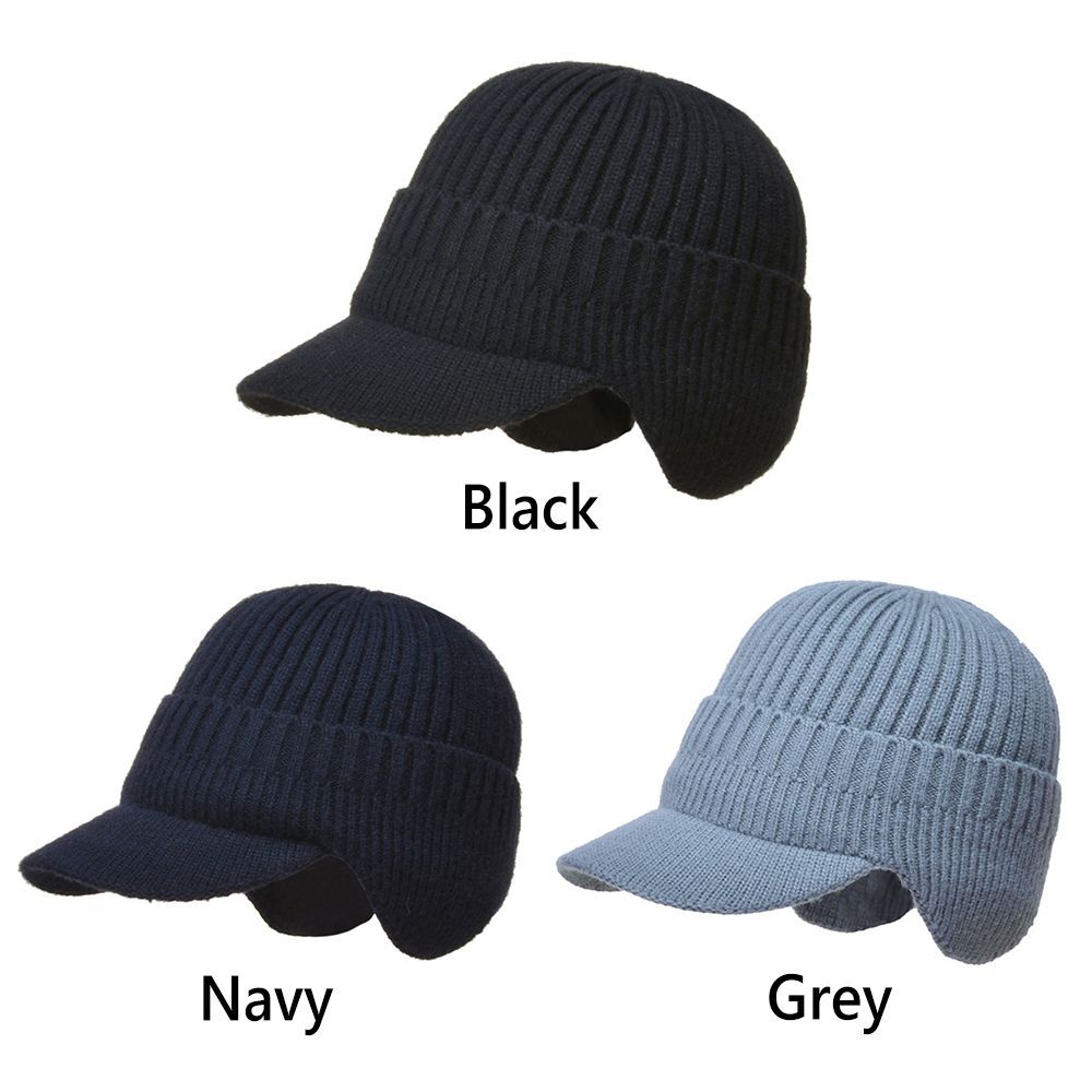 Winter Warm Thick Wool Beanie Hat Men's Knit Cap with Brim Cycling Cap