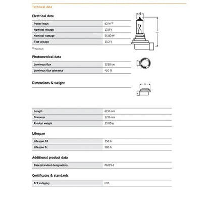 Twin Pack OSRAM H11 globe 64211 12V 55W Halogen Headlight Fog Bulb Original 2pcs