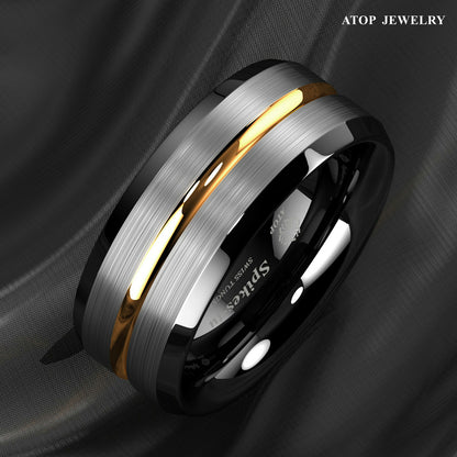 8Mm Silver Brushed Black edge Tungsten Ring Gold Stripe ATOP men wedding band