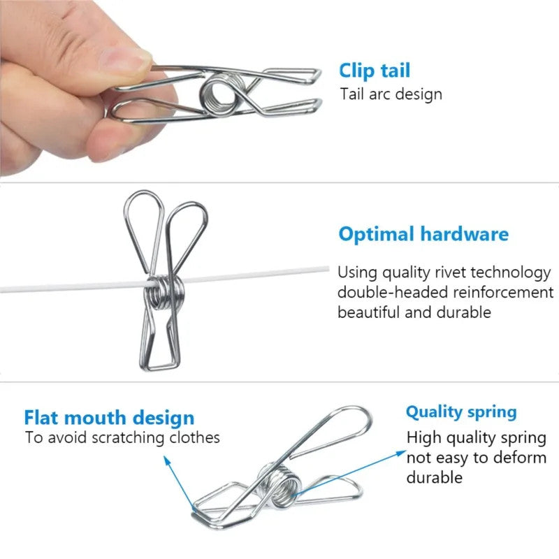 Stainless Steel Clothes Pegs Hanging Clips Laundry Windproof Metal Clamps