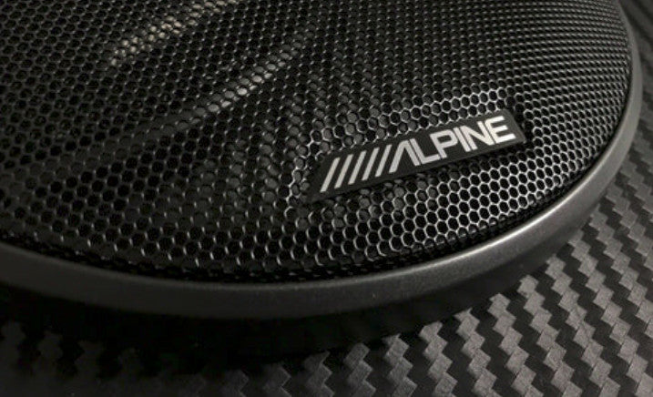 2 x ALPINE BADGE SPEAKER STICKER EMBLEM 53mm x 9mm adhesive back