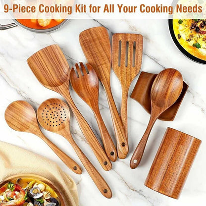 Natural Wooden Kitchen Utensil with Spoon Rest Holder 5-9pcs Cooking Spoon Set