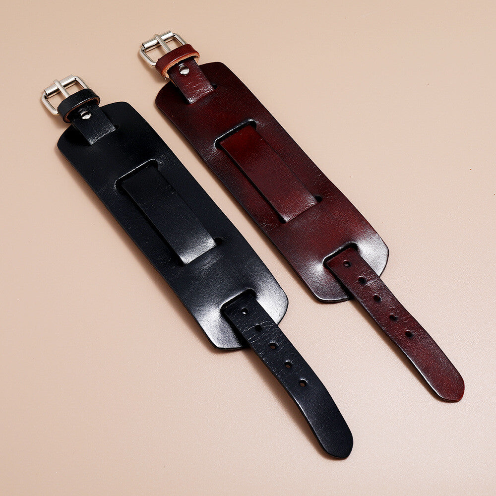 Men Punk 4.8cm Wide Leather Belt Wristband Bangle Cuff Bracelet Adjustable 28cm