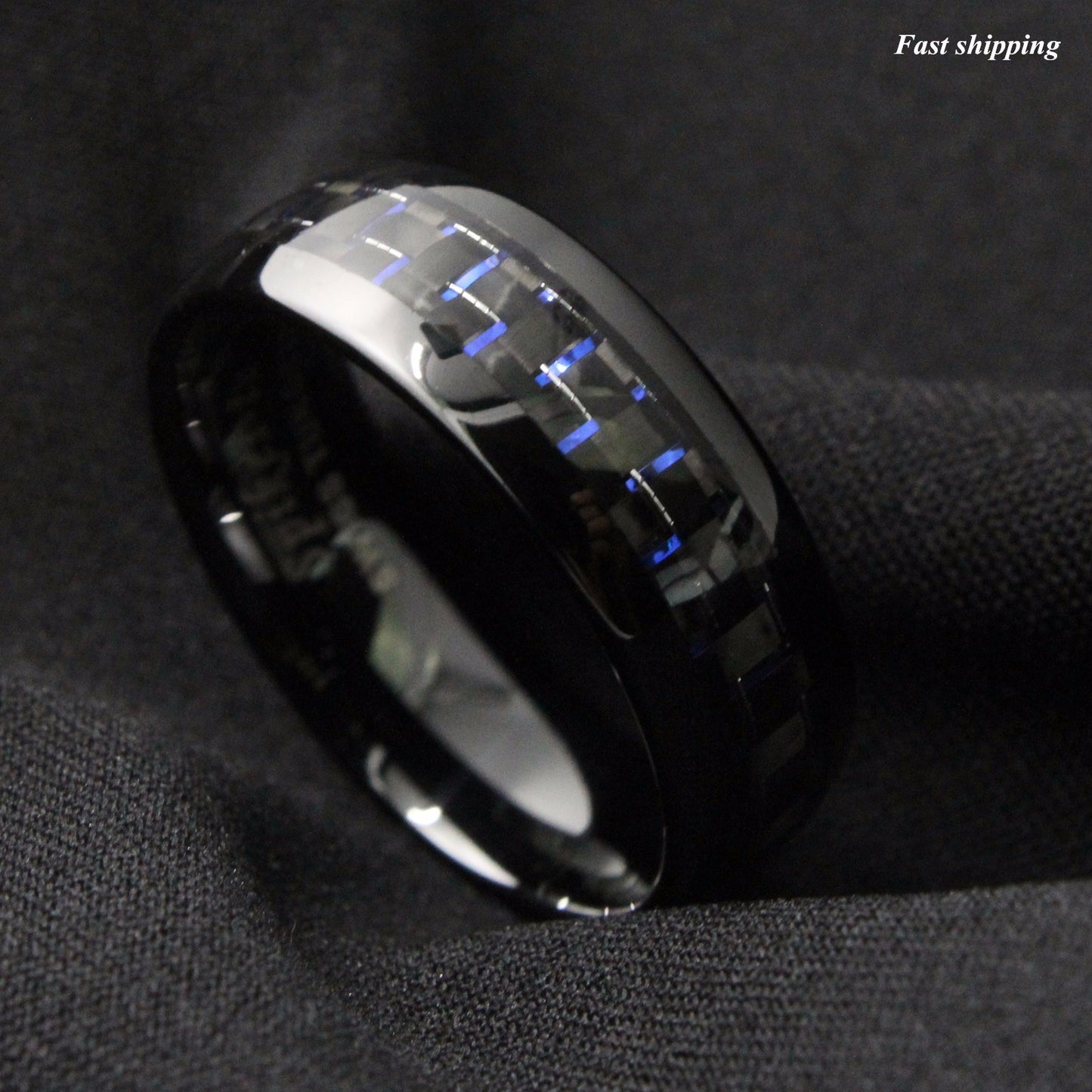 8mm Black and Blue Tungsten Ring with Carbon Fiber Wedding Band Men's jewelry
