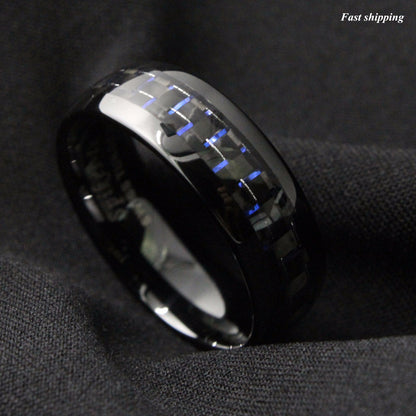 8mm Black and Blue Tungsten Ring with Carbon Fiber Wedding Band Men's jewelry