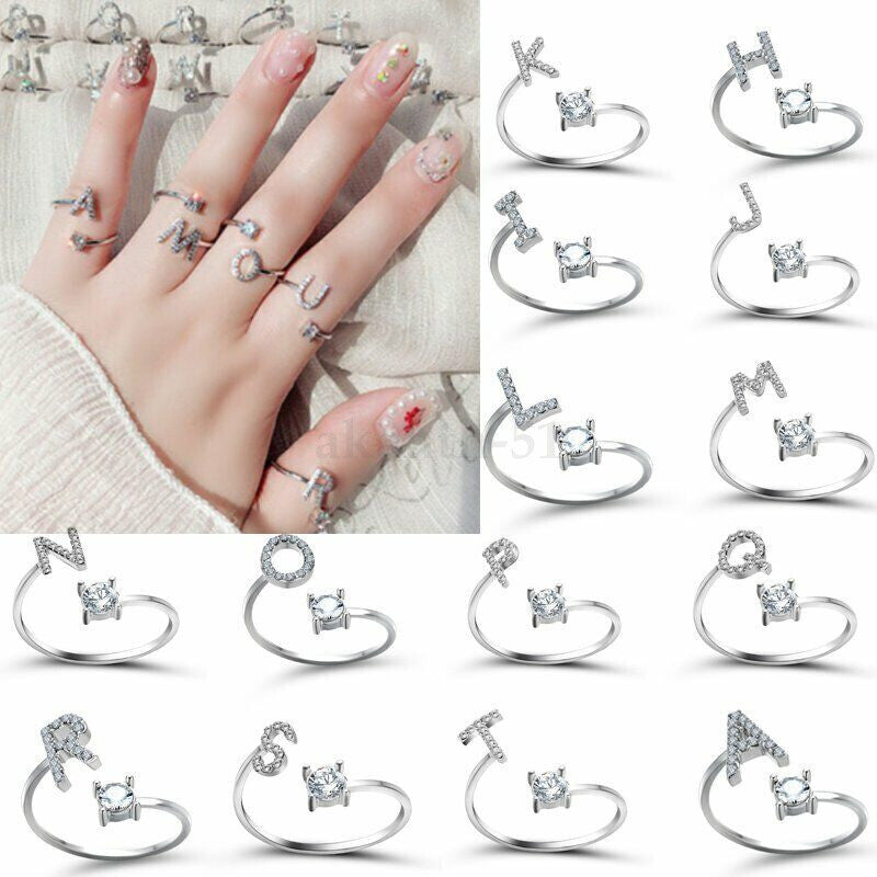 Adjustable Open Initial A-Z Letters Ring Fashion Zircon Ring Womens Jewelry Gift