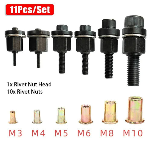 11Pcs/Set M3 M4 M5 M6 M8 M10 Manual Riveter Tool Head Rivet Tool Set