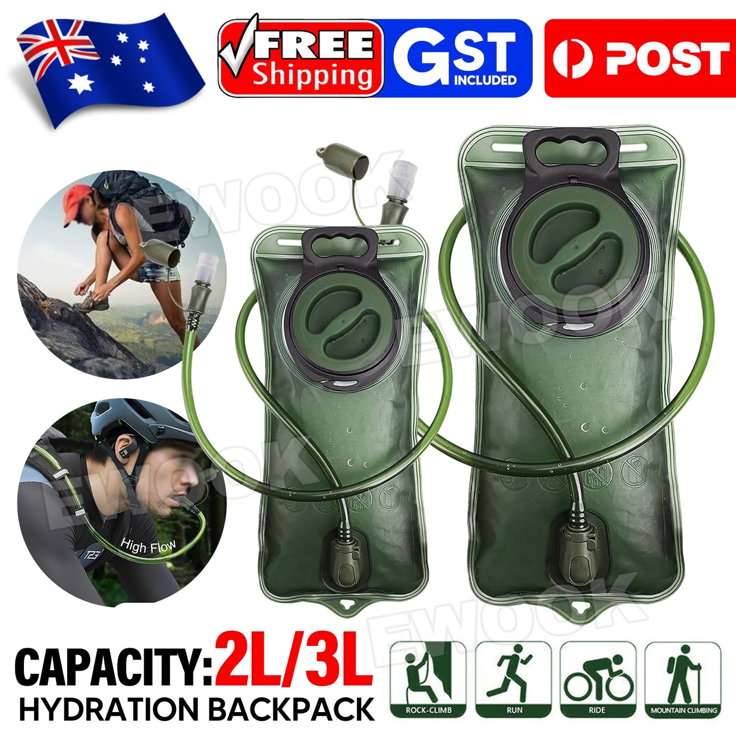 Hydration System Water Bladder Bag Camping Hiking Cycling Backpack 2L/3L AU