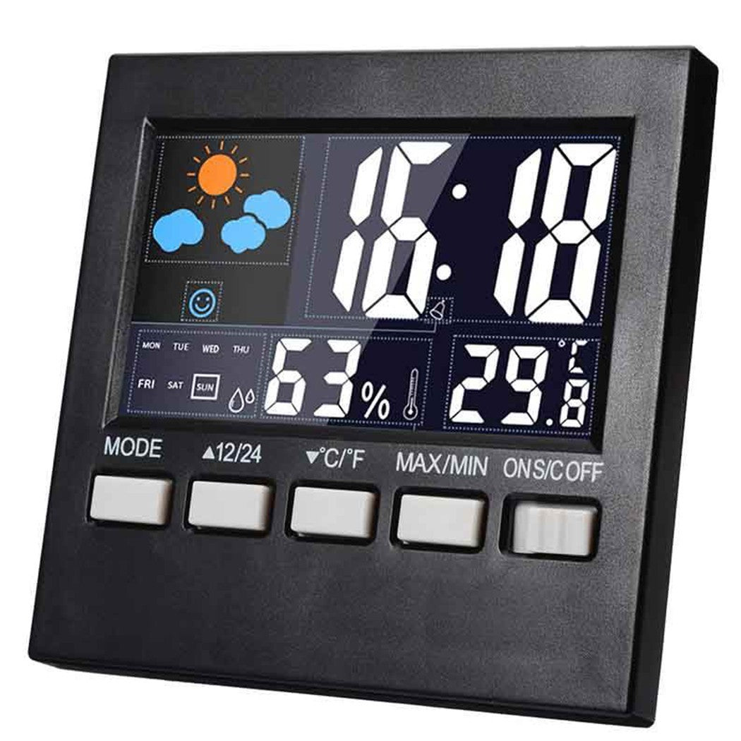 Digital Humidity Thermometer Clock Alarm Snooze Weather Forecast Backlight Indoo